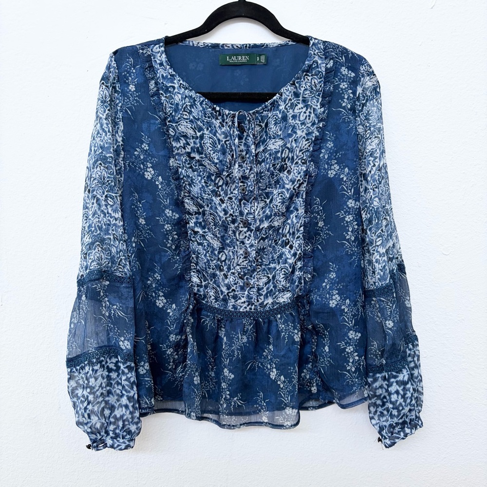 Lauren Ralph Lauren Women's Blue Floral Georgette Peplum Top Size Small
